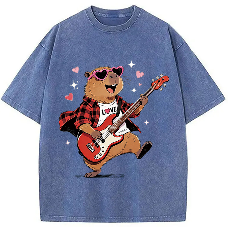 Tokyocanvas Cute Bear Guitar Valentine Washed T-Shirt