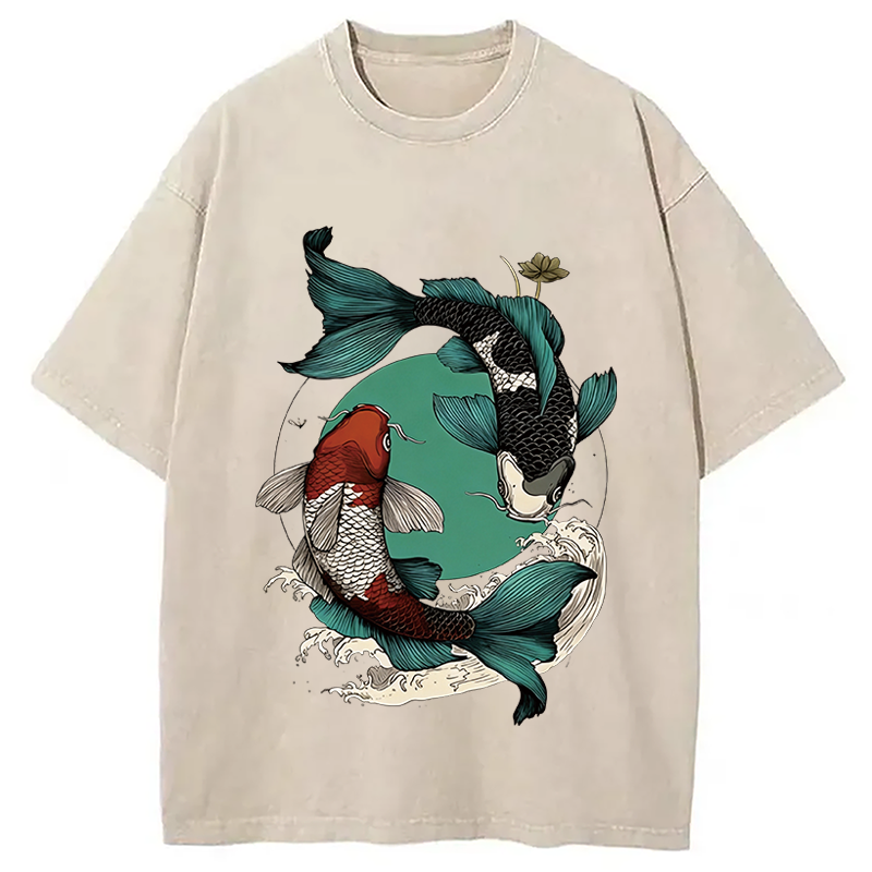 Tokyocanvas YinYang Koi Fish Zen Washed T-Shirt