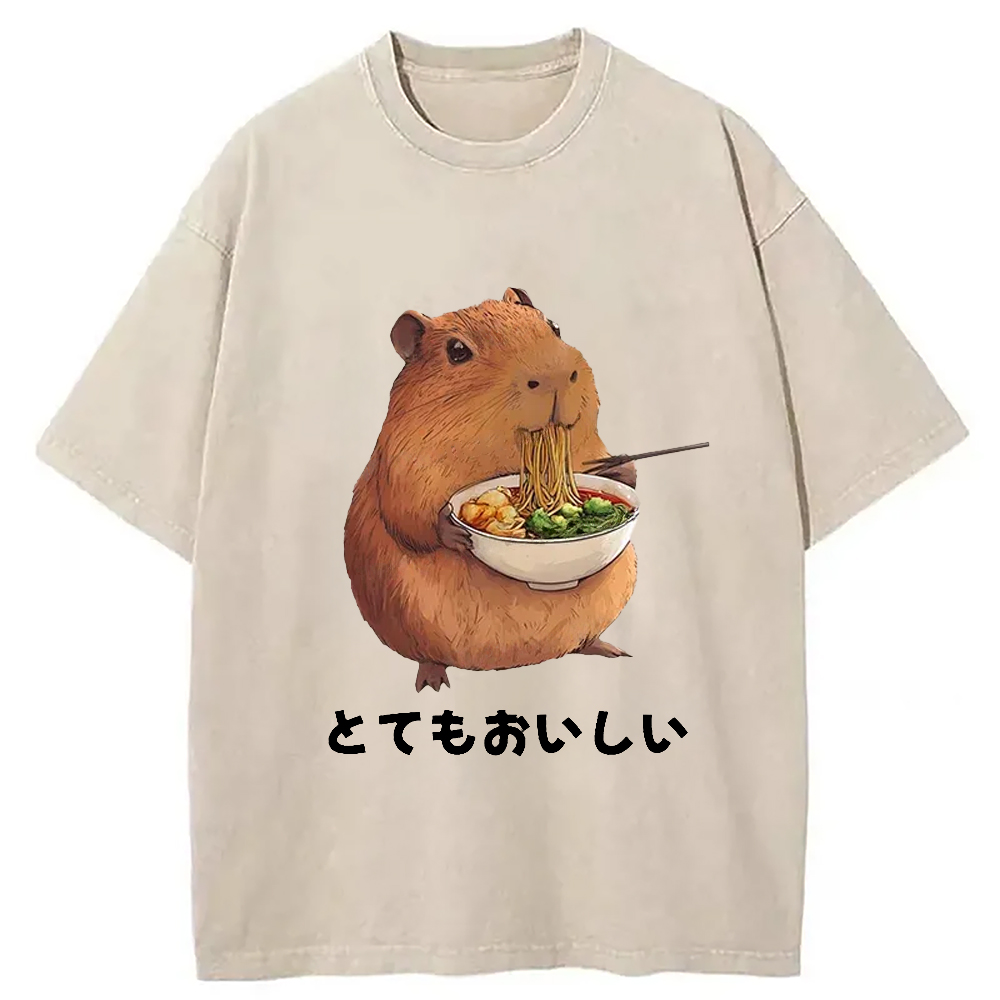 Tokyocanvas Capybara Eating Japanese Ramen Washed T-Shirt