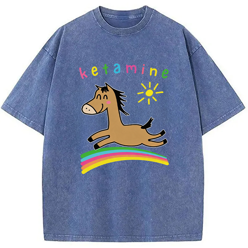 Tokyocanvas Funny Ketamine Cute Trippy Horse Washed T-Shirt