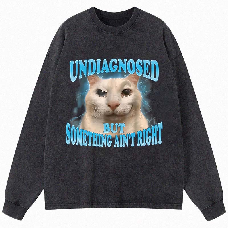 Tokyocanvas Undiagnosed But Something Ain't Right Funny Cat Meme Long Sleeve Washed T-Shirt