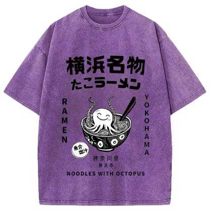 Tokyocanvas Japanese Kanji Art Octopus Ramen Washed T-Shirt