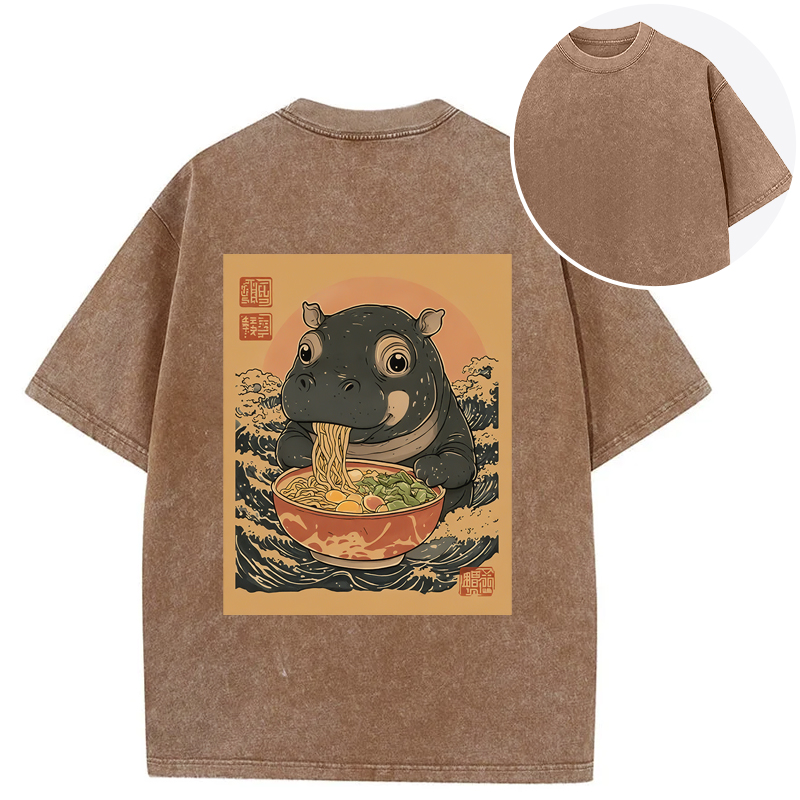Tokyocanvas Moo Deng Eat Ramen Back Washed T-Shirt