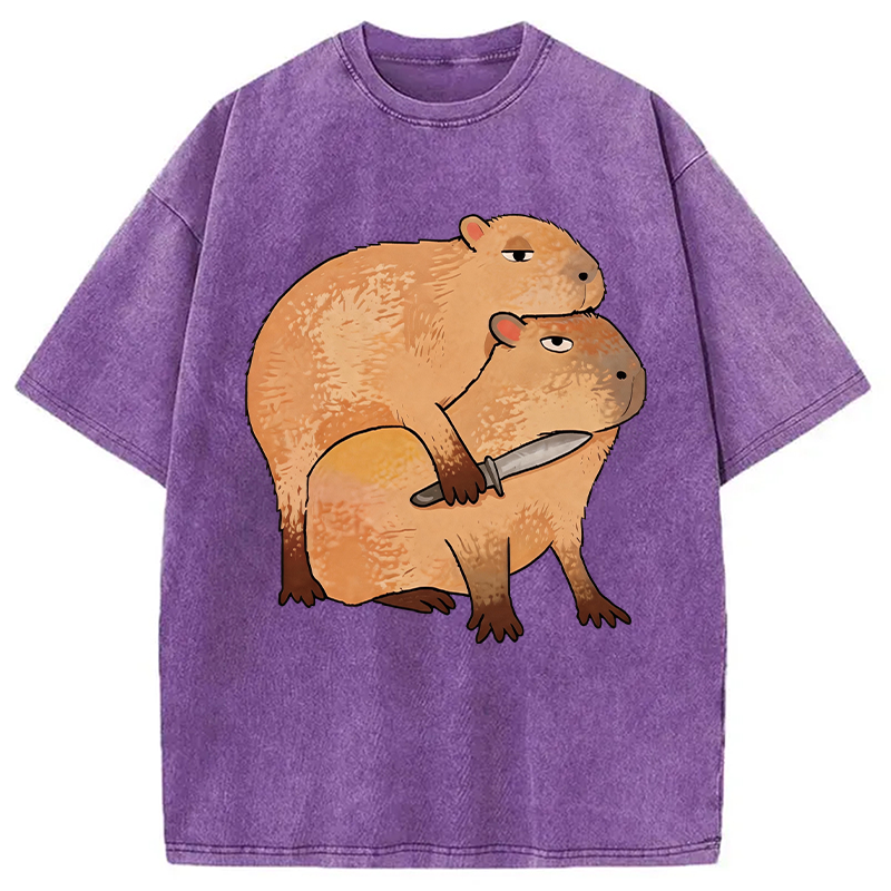 Tokyocanvas Capybara With Knife Funny Washed T-Shirt