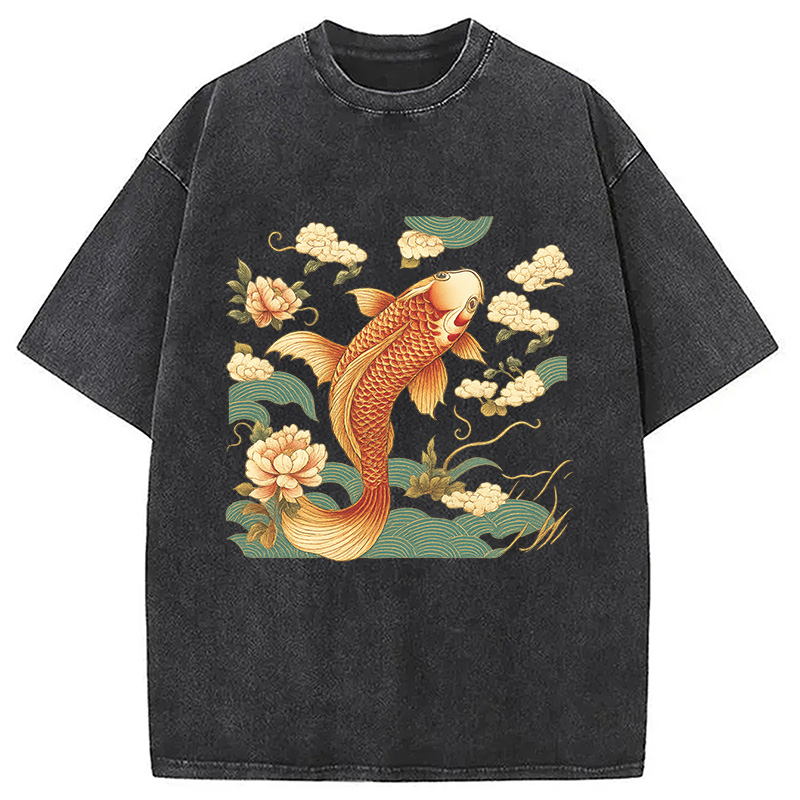 Tokyocanvas Cozy Vintage Japanese Koi Fish Washed T-Shirt