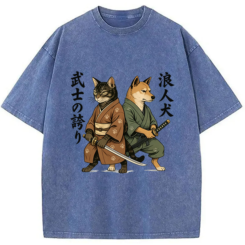 Tokyocanvas Samurai Cat vs Ronin Dog Washed T-Shirt