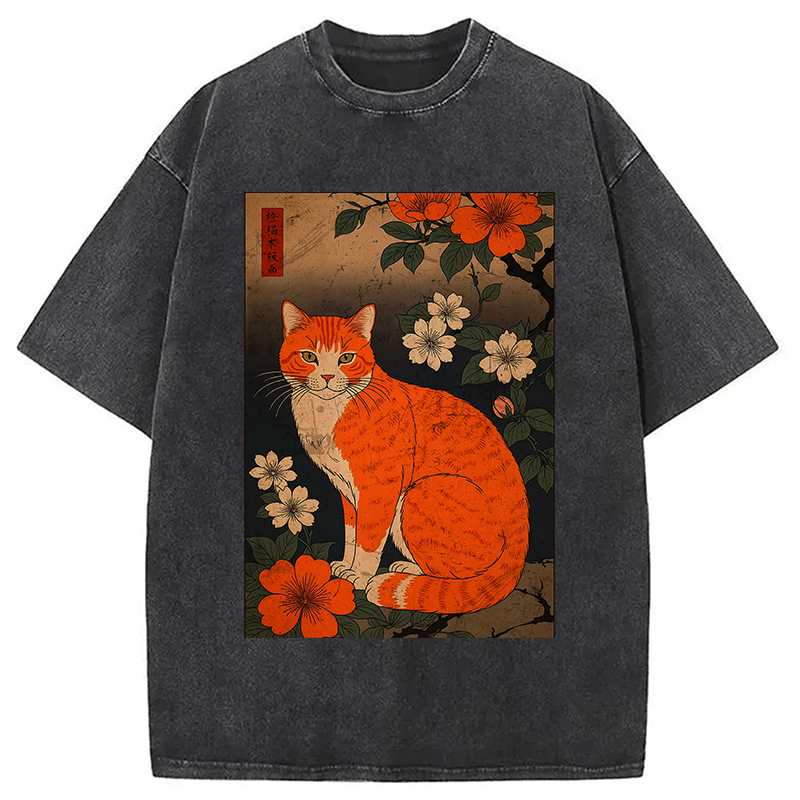 Tokyocanvas Orange Cat Japanese Art Washed T-Shirt