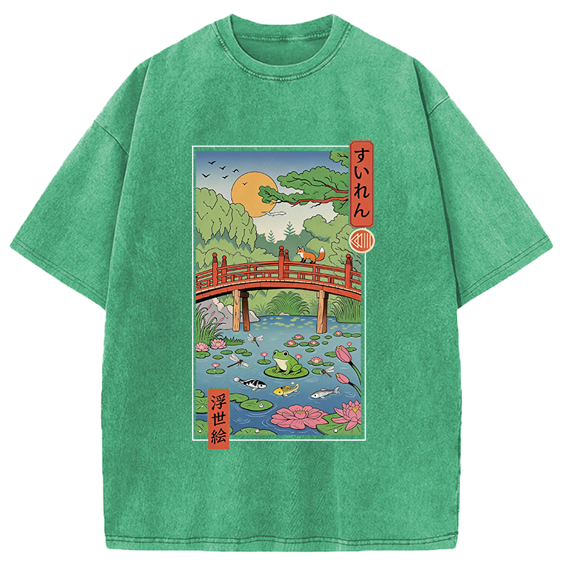 Tokyocanvas Water Lilies Ukiyo-e Washed T-Shirt