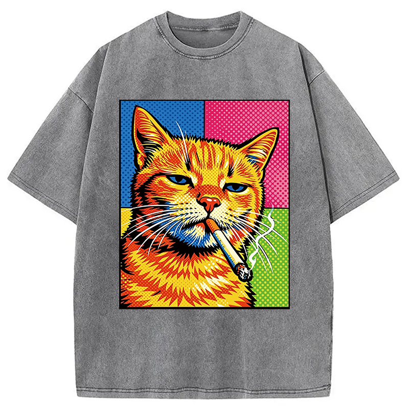 Tokyocanvas Cat Smoking Cigarette Washed T-Shirt