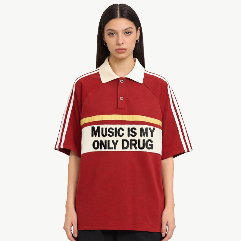Tokyocanvas Music Is My Drug Polo Embroidered T-Shirt