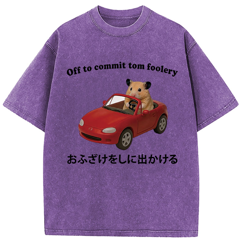 Tokyocanvas Off to Commit Tom Foolery Hamster Funny Washed T-Shirt