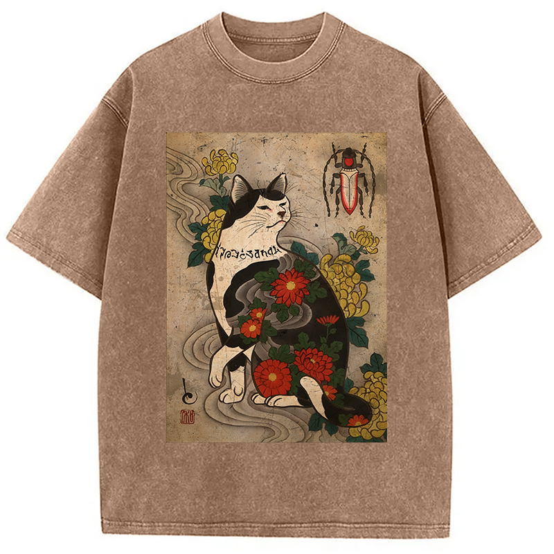 Tokyocanvas Cat Tattoo Floral Washed T-Shirt