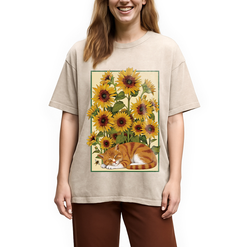 Tokyocanvas Sunflower Orange Cat Washed T-Shirt