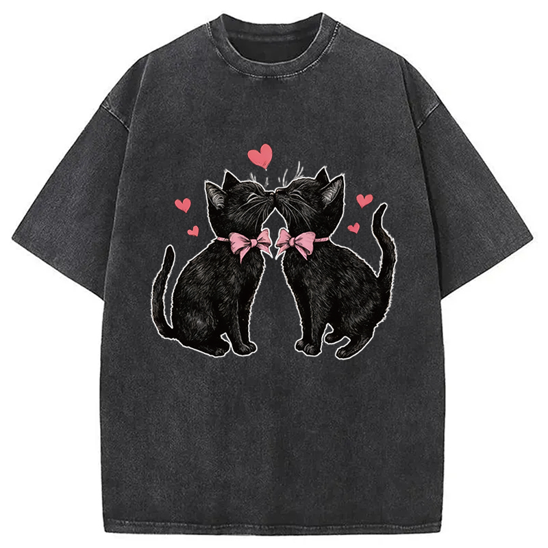 Tokyocanvas Cute Kissing Cat Washed T-Shirt