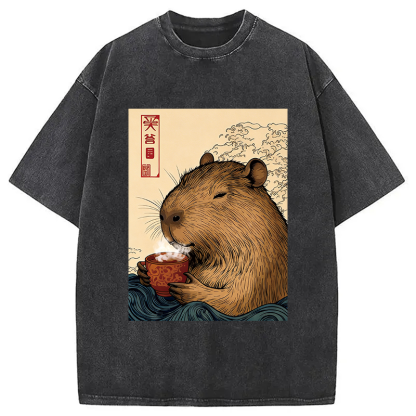 Tokyocanvas Capybara with Morning Tea Washed T-Shirt