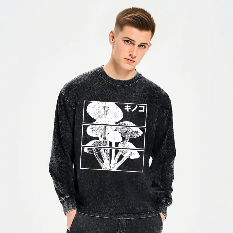 Tokyocanvas Japanese Mushrooms Long Sleeve Washed T-Shirt