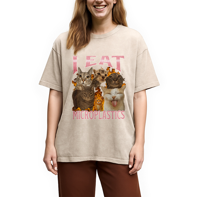 Tokyocanvas I Eat Microplastics Funny Cat Meme Washed T-Shirt