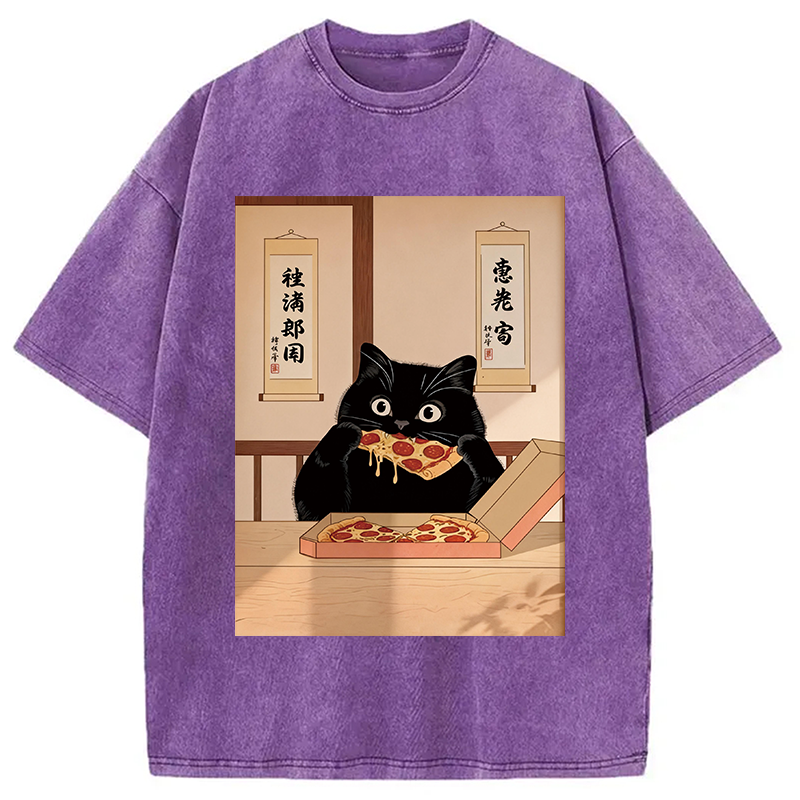 Tokyocanvas Black Cat Pizza Ukiyo-e Washed T-Shirt