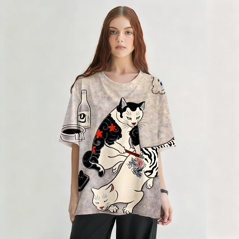 Tokyocanvas A Kitten Drawing A Tiger Graphic Print T-Shirt