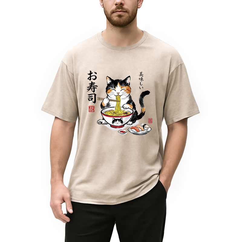 Tokyocanvas Cats Eat Japanese Food Washed T-Shirt