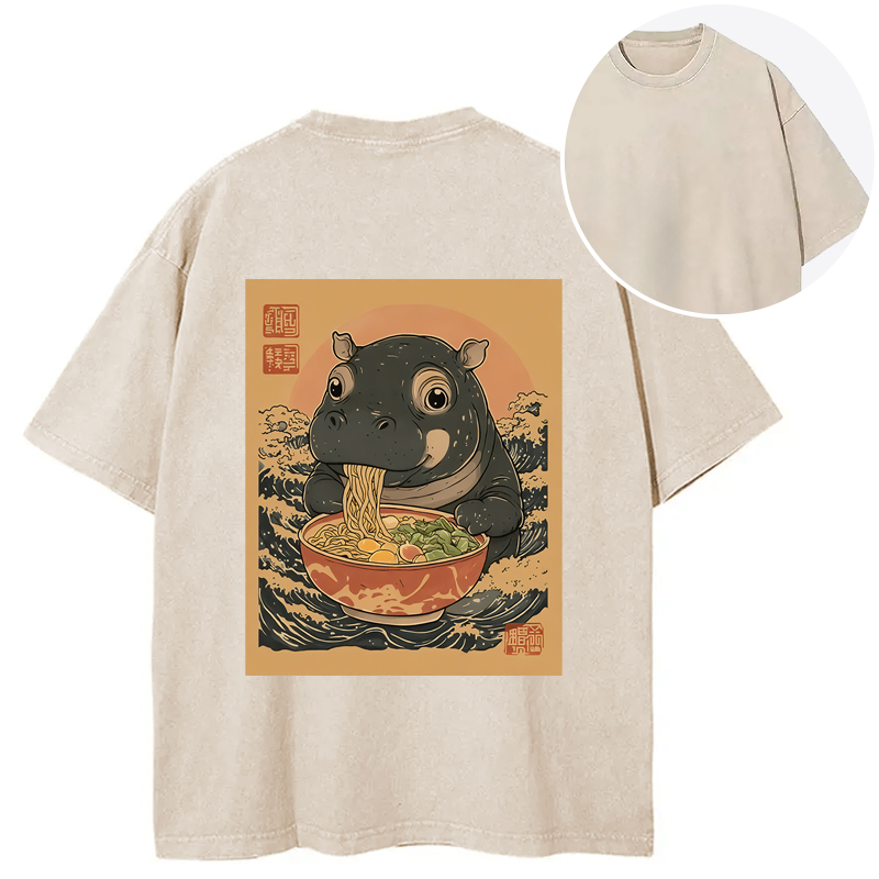 Tokyocanvas Moo Deng Eat Ramen Back Washed T-Shirt