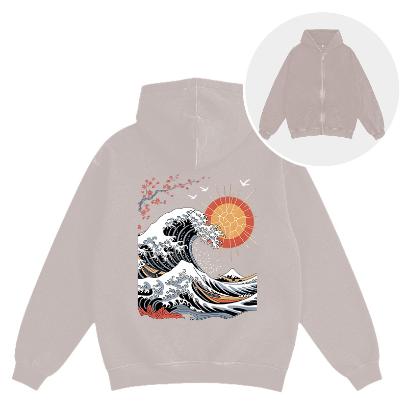 Tokyocanvas Ocean Sun Cherry Blossom Washed Zip Hoodie