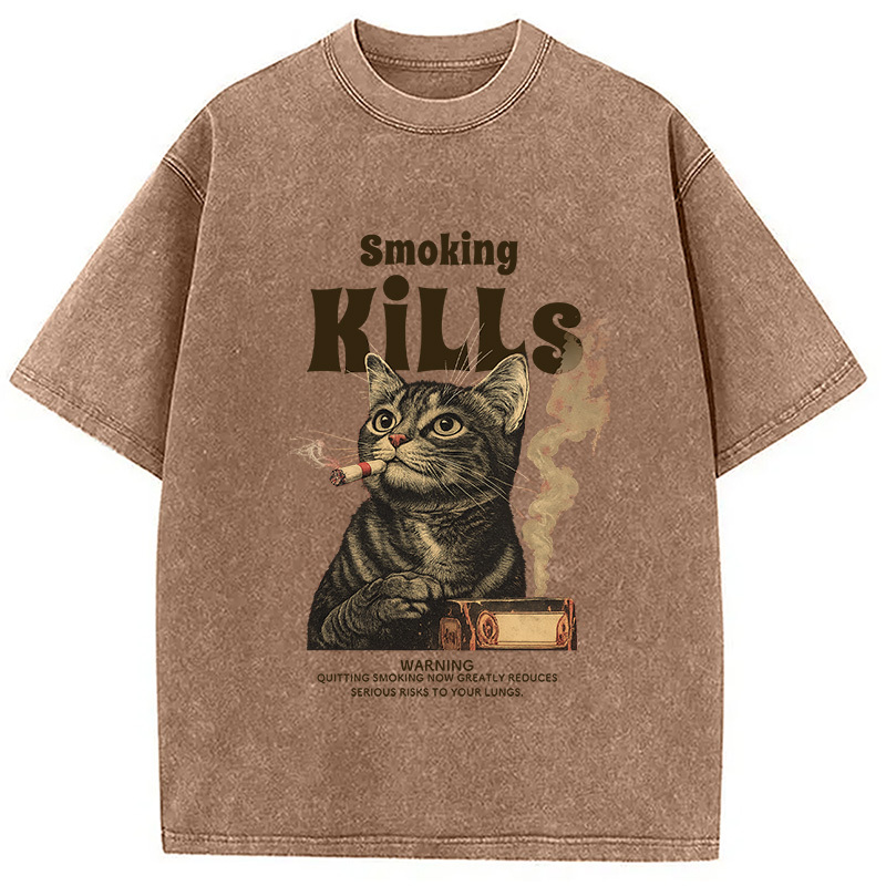 Tokyocanvas Smoking Mills Cat Meme Washed T-Shirt