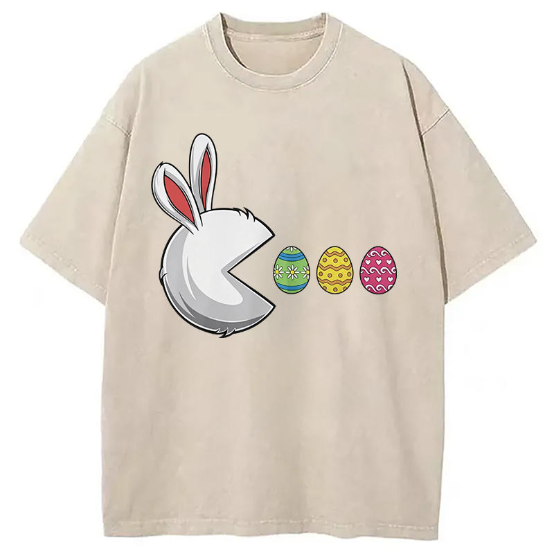 Tokyocanvas Funny Easter Bunny Egg Hunter Washed T-Shirt