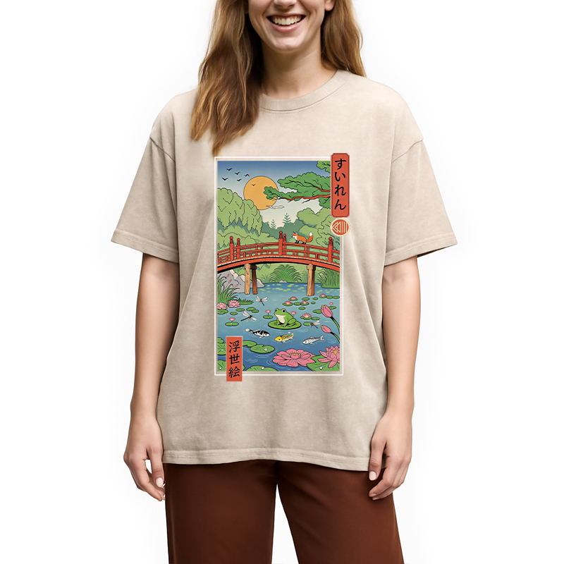 Tokyocanvas Water Lilies Ukiyo-e Washed T-Shirt