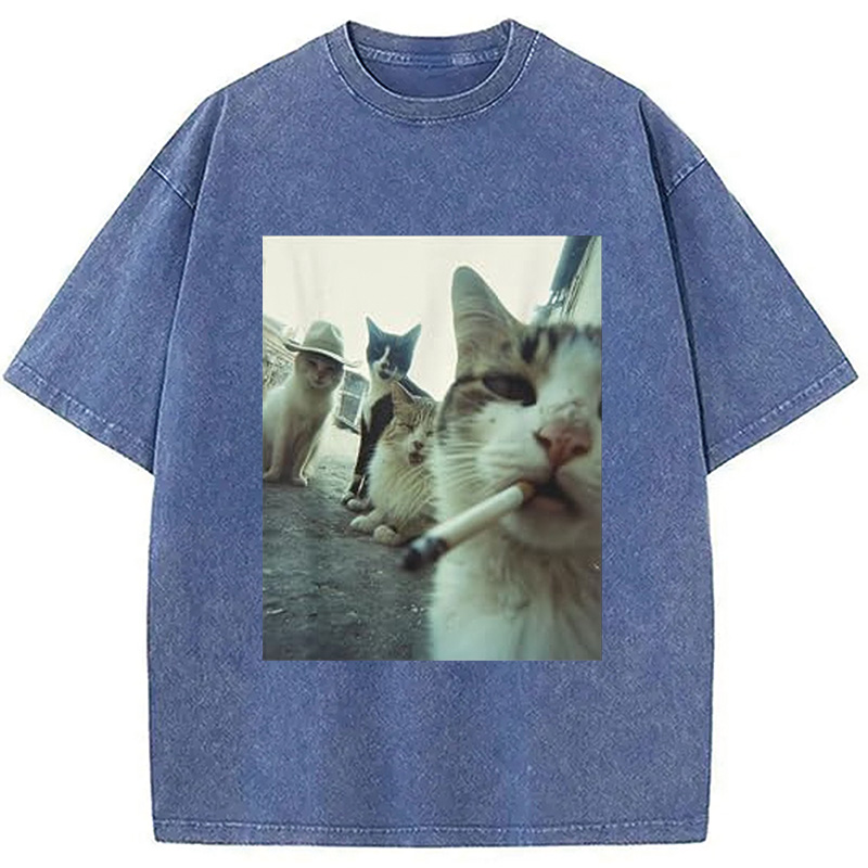 Tokyocanvas Smoking Cat Meme Funny Washed T-Shirt