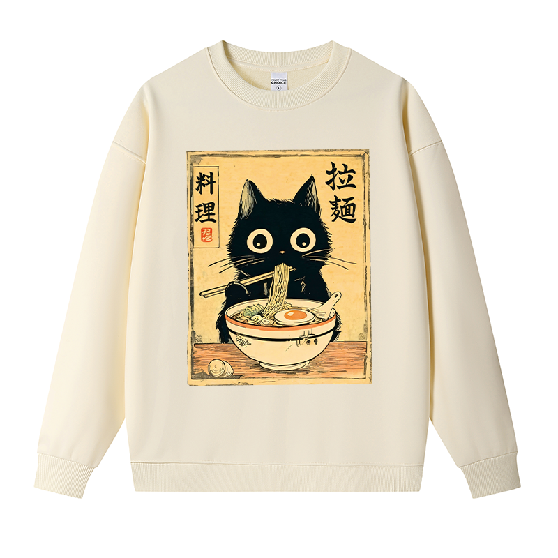 Tokyocanvas Cute Black Cat Eating Ramen Fleece Lined Sweatshirt