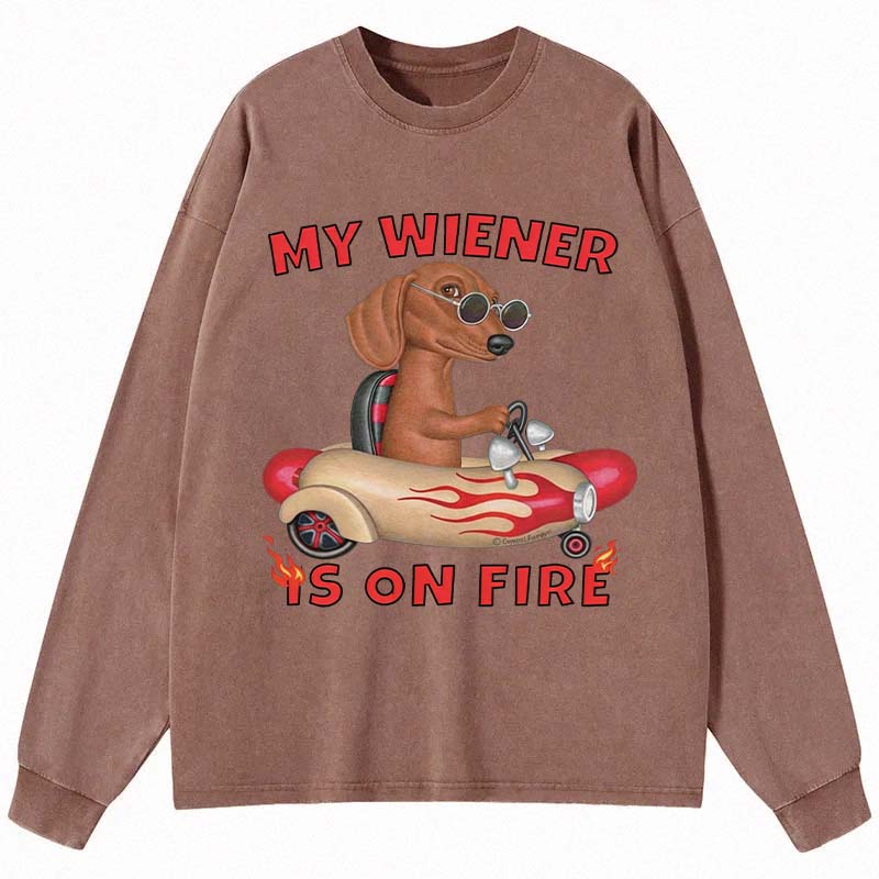 Tokyocanvas My Wiener Is On Fire Funny Dog Long Sleeve Washed T-Shirt