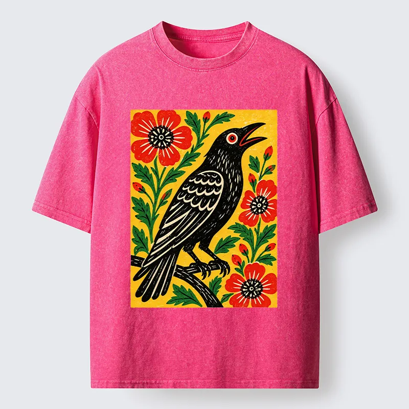 Tokyocanvas Vintage Crow Flower Folk Art Washed T-Shirt