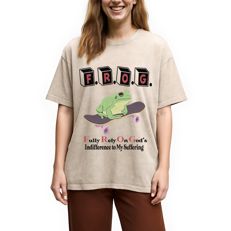 Tokyocanvas Frog Funny Meme Washed T-Shirt