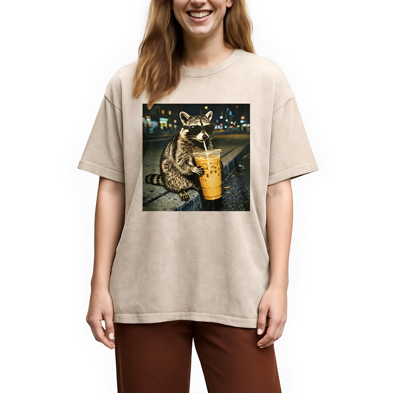 Tokyocanvas Racoon with a Ice Coffee Washed T-Shirt