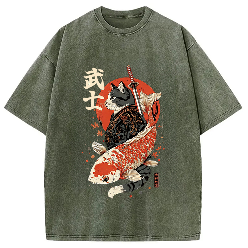 Tokyocanvas Samurai Cat And Koi Washed T-Shirt