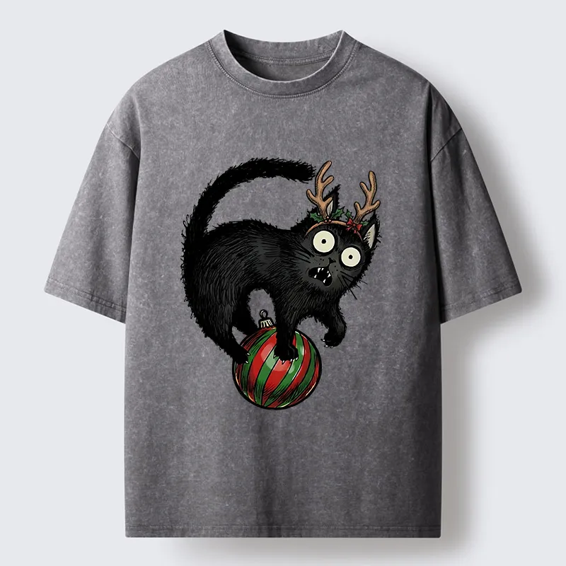 Tokyocanvas Black Cat Playing With Christmas Bauble Washed T-Shirt