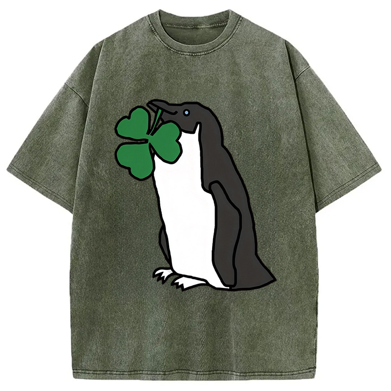 Tokyocanvas St Patricks Day Penguin Washed T-Shirt