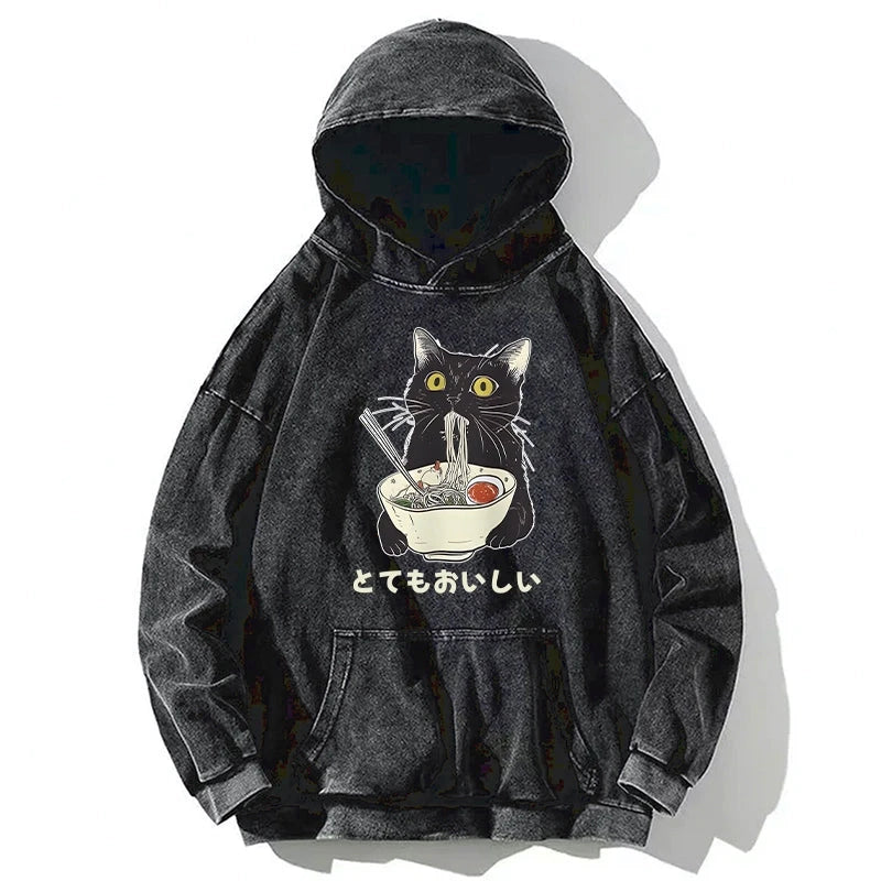 Tokyocanvas Cats Eat Ramen Noodles Washed Hoodie