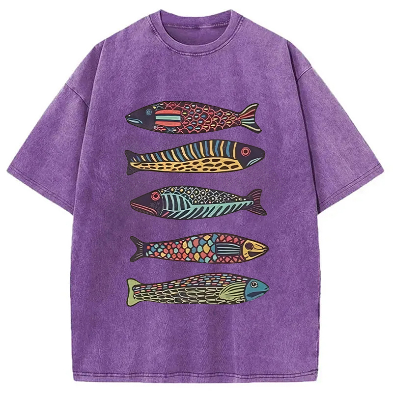Tokyocanvas Colourful Schools Of Fish Washed T-Shirt