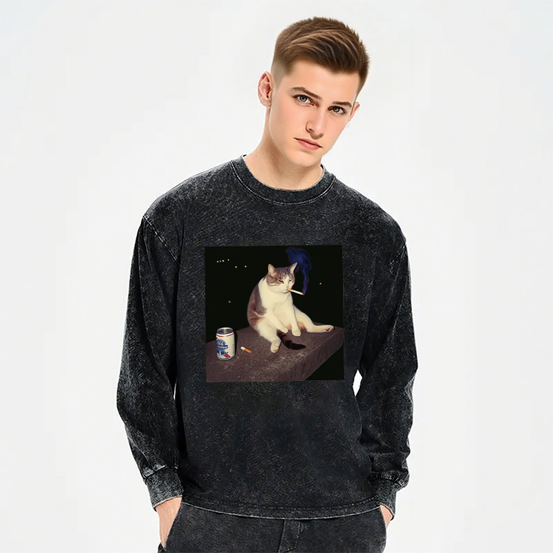 Tokyocanvas Cigarette Kitten Funny Smoking Cat Meme Long Sleeve Washed T-Shirt