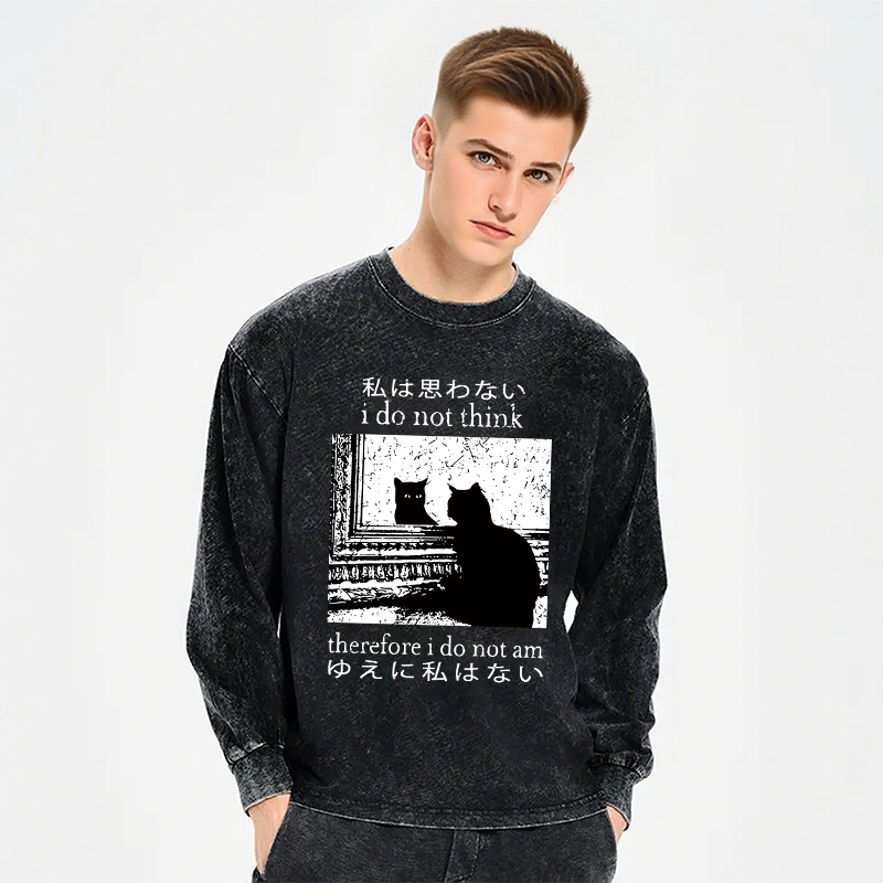 Tokyocanvas Thinking Cat Long Sleeve Washed T-Shirt