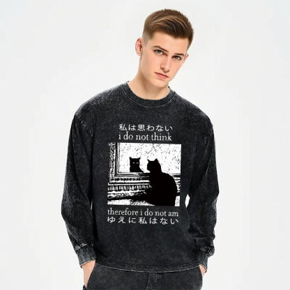 Tokyocanvas Thinking Cat Long Sleeve Washed T-Shirt