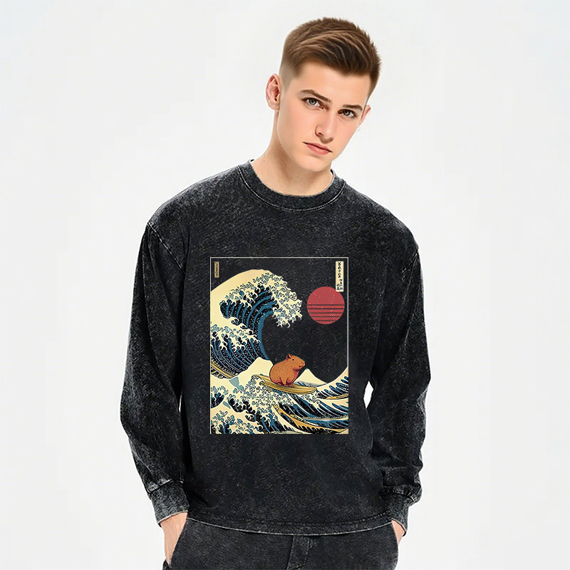 Tokyocanvas Capybara Surfing Long Sleeve Washed T-Shirt