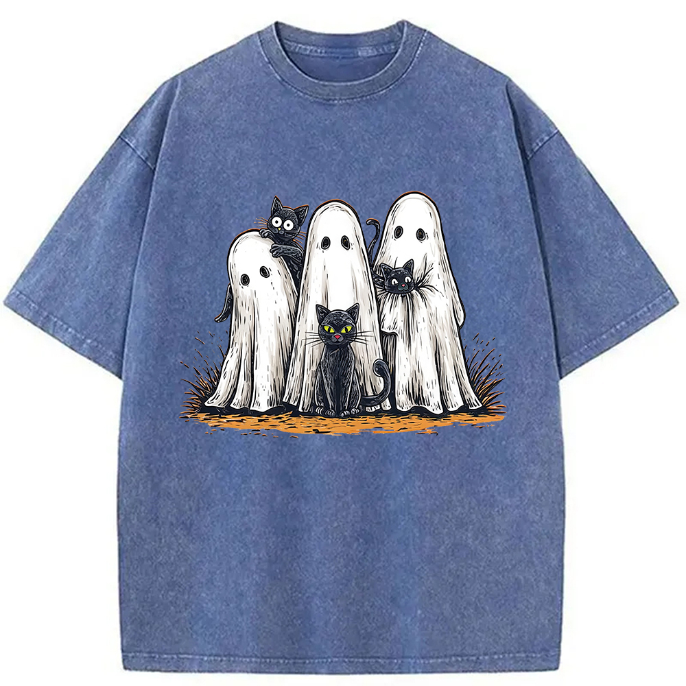 Tokyocanvas Black Cat Ghost Halloween Washed T-Shirt