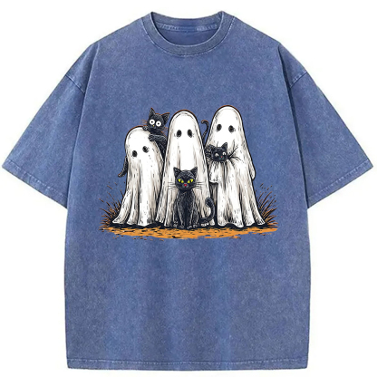 Tokyocanvas Black Cat Ghost Halloween Washed T-Shirt