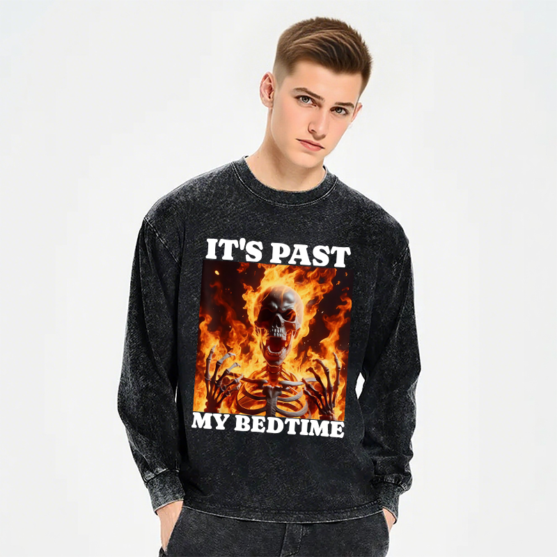 Tokyocanvas It's Past My Bedtime Funny Skeleton Meme Long Sleeve Washed T-Shirt