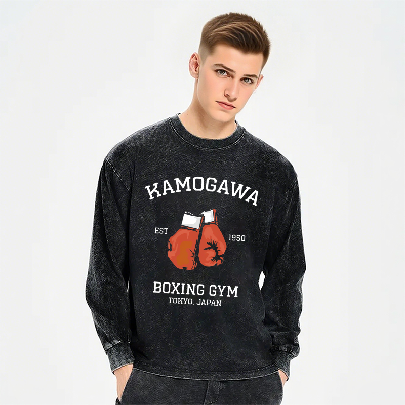 Tokyocanvas Retro Boxing Gloves Manga Anime Long Sleeve Washed T-Shirt
