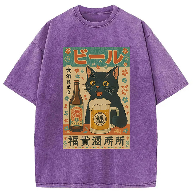 Tokyocanvas Japanese Black Cat Beer Washed T-Shirt