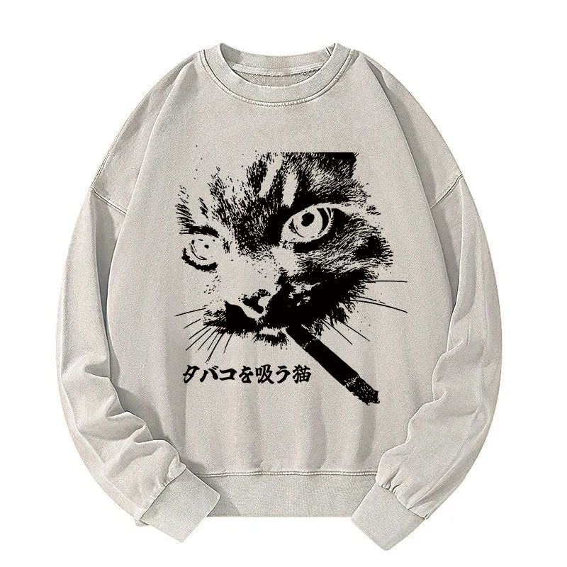 Tokyocanvas Retro Cat Smoking Washed Sweatshirt